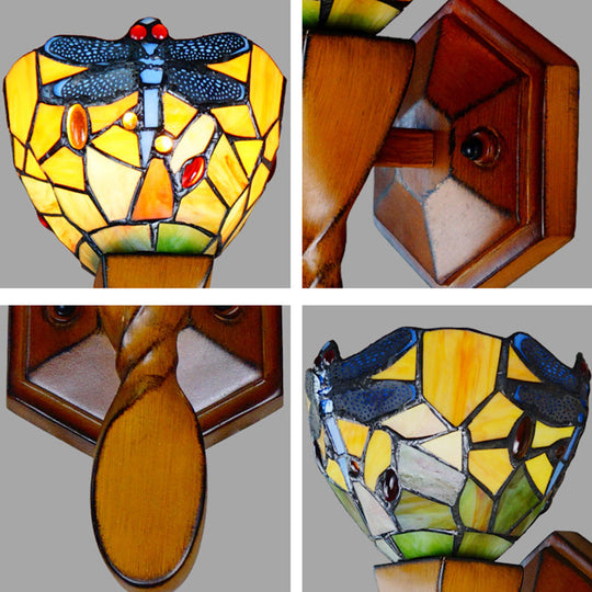 Vintage Stained Glass Dragonfly Wall Sconce - Yellow 1 Head Ideal For Corridor Lighting
