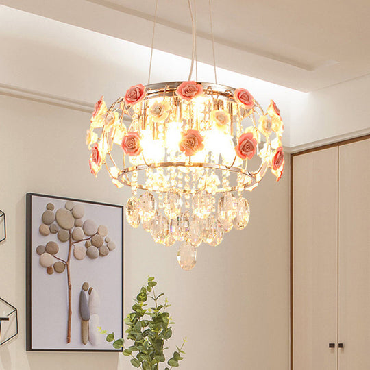 Modern Chrome Drum Cage Pendant Chandelier with 6 Bulbs and Pink Rose Crystal Drape – Dining Table Suspension Lamp