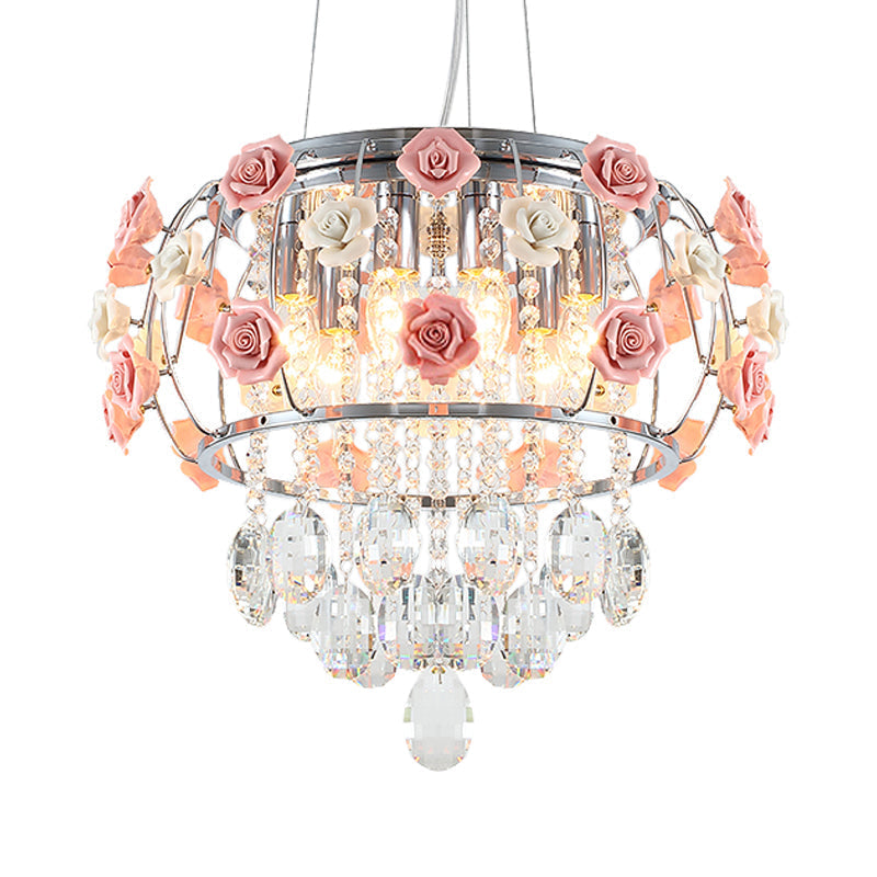Modern Chrome Drum Cage Pendant Chandelier With Crystalline Pink Rose Accent - Dining Table