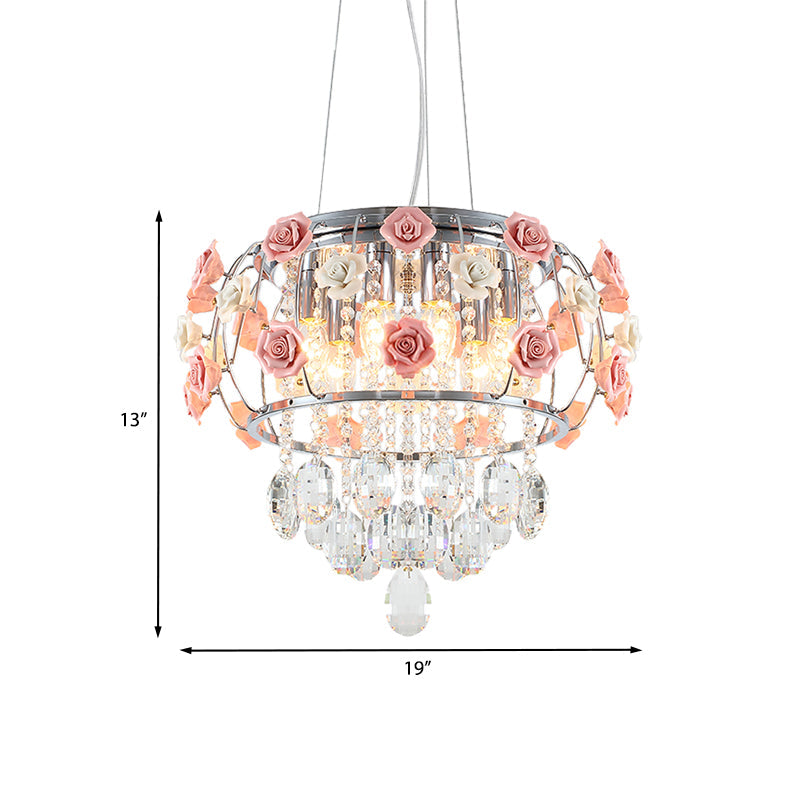 Modern Chrome Drum Cage Pendant Chandelier with 6 Bulbs and Pink Rose Crystal Drape – Dining Table Suspension Lamp