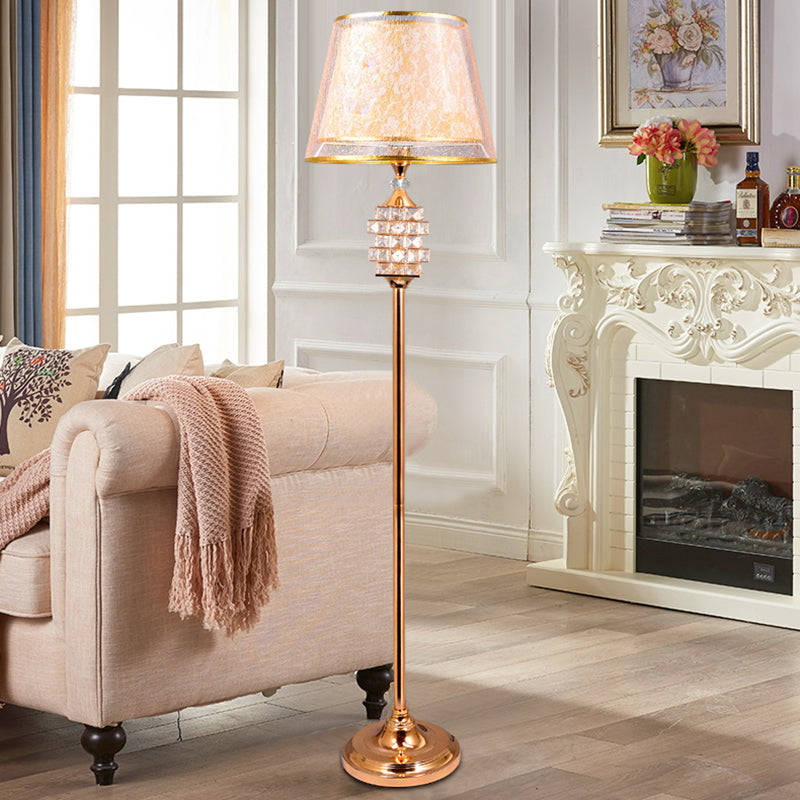 Gold Print Fabric Floor Lamp With Tapered Shade And Crystal Accents