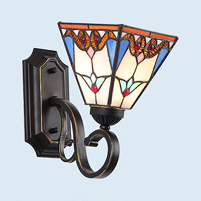 Tiffany Style Mission Stained Glass Wall Sconce In Pink/Brown/Orange-Yellow/Light Blue - Geometric