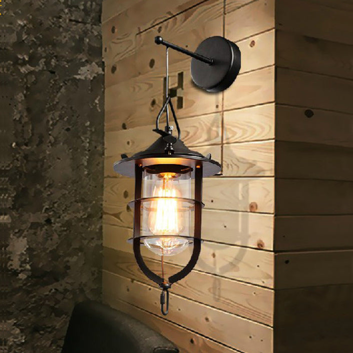 Industrial Wall Mounted Light With Clear Glass For Porch: Caged Black Bulb Fixture