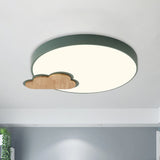 Circle Flush Macaron Led Ceiling Light With Grey/Green Finish And Cloud Wood Detail - White/Warm