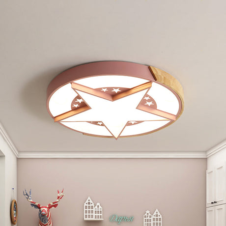 Round Metal Led Macaron Flush Mount Ceiling Light In White/Pink/Blue And Wood For Star-Themed