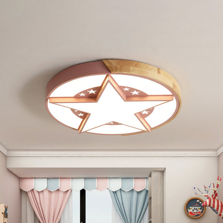 Round Metal Led Macaron Flush Mount Ceiling Light In White/Pink/Blue And Wood For Star-Themed