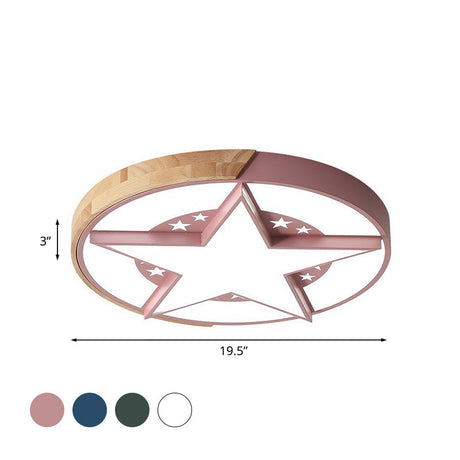 Round Metal Led Macaron Flush Mount Ceiling Light In White/Pink/Blue And Wood For Star-Themed