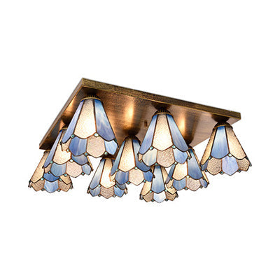 Retro 9-Head Stained Glass Flush Mount Ceiling Light - Tiffany-Style