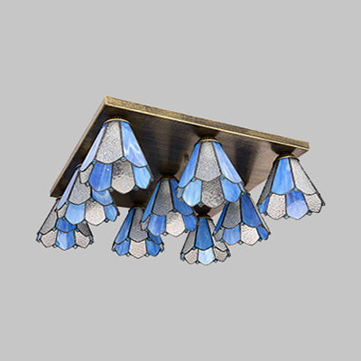 Blue Stained Glass Flushmount Ceiling Light With Retro Style - Ideal For Dining Room