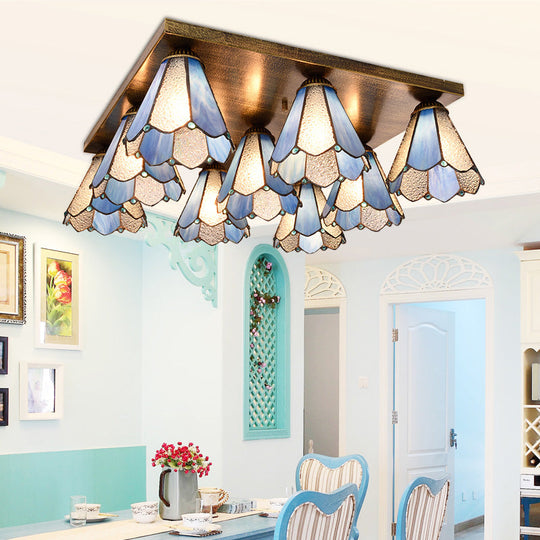 Retro 9-Head Stained Glass Flush Mount Ceiling Light - Tiffany-Style Blue