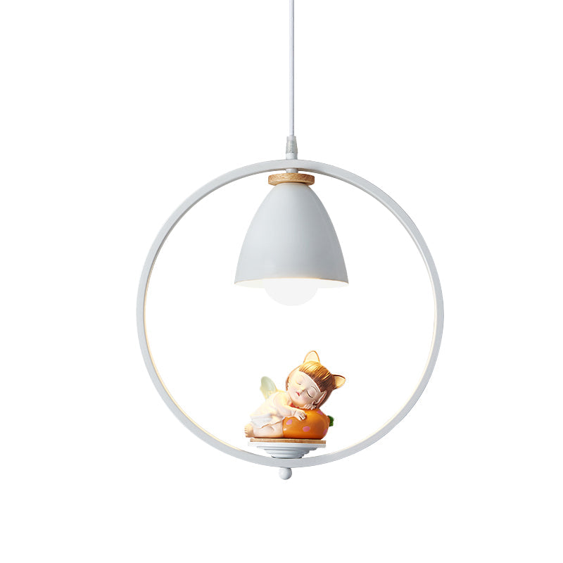 Nordic Hanging Light Kit - 1 Head Iron Bell And Ring Pendant Lamp White Finish With Whimsical