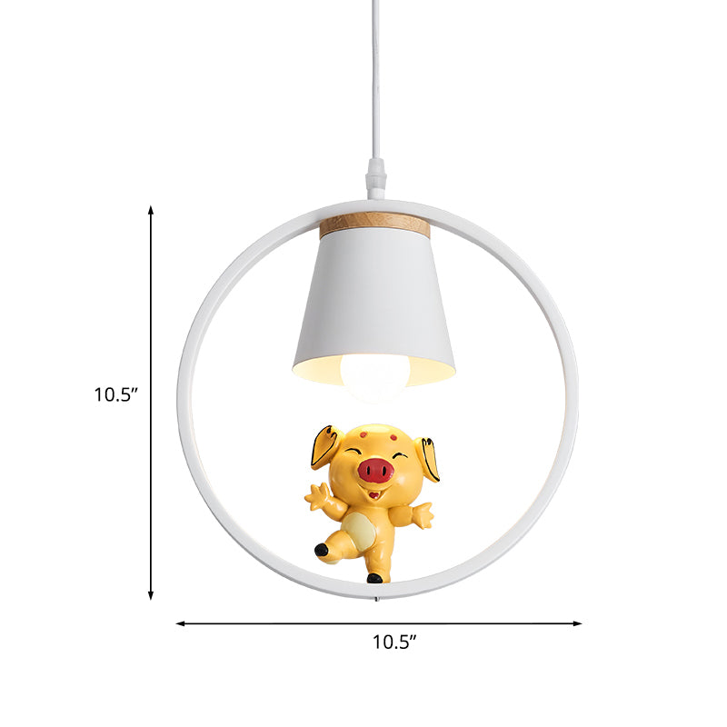 Yellow Cartoon Pig Resin Pendant Light With White Ring - 1-Light Suspension Lamp
