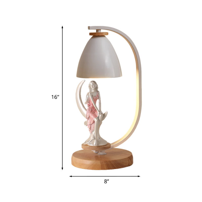 Nordic Style 1-Bulb Metallic Desk Lamp With Bell Shade White/Black Finish And Girl Decor