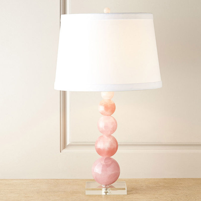 Modernist Fabric Barrel Shade Nightstand Lamp: Single White Table Light With Pink Glass Orb Stand