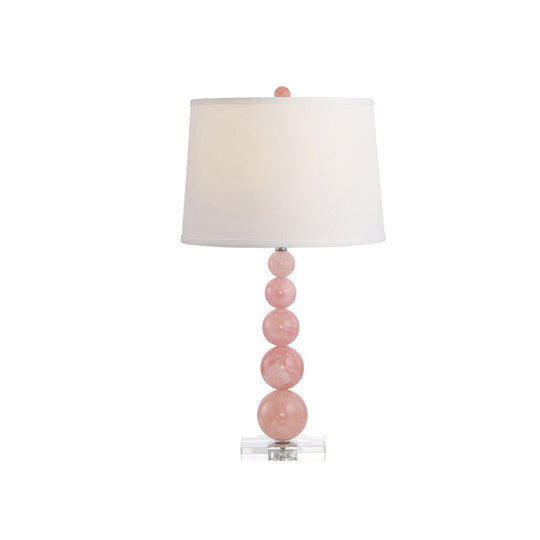 Modernist Fabric Barrel Shade Nightstand Lamp: Single White Table Light With Pink Glass Orb Stand