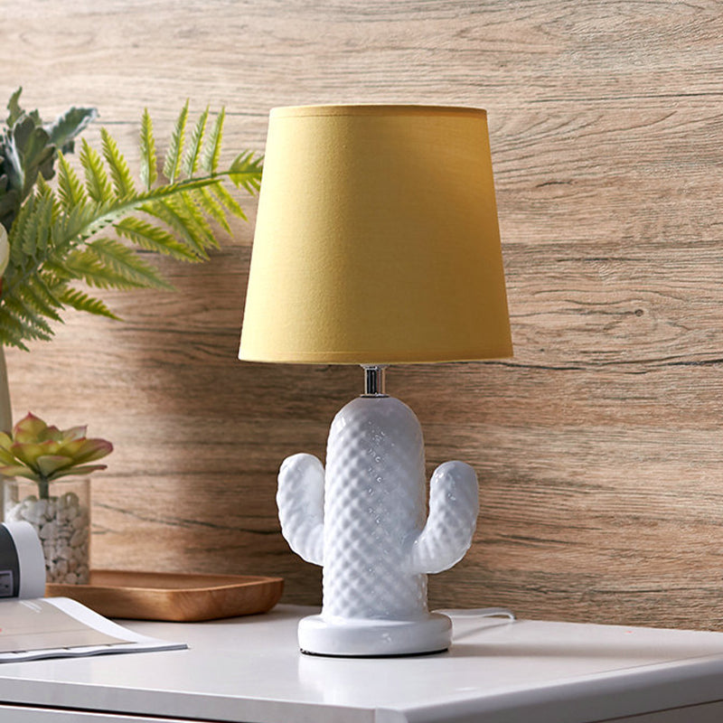 Nordic Style Ceramic Cactus Table Lamp - Single Head White Desk Lighting With Yellow Fabric Shade