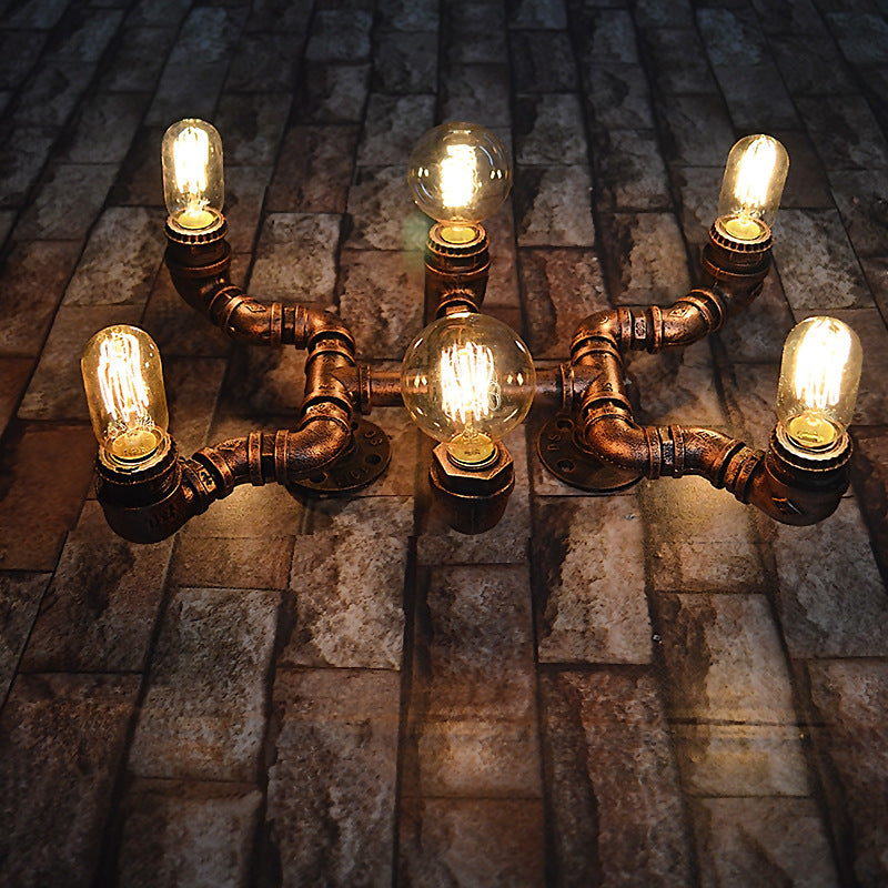 Rustic Industrial Bronze Wrought Iron Wall Lamp - 6 Bulbs Water Pipe Sconce Lighting For Restaurants