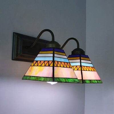 Mission Style Stained Glass Wall Sconce Lamp - 2 Pink Pyramid Lights For Bathroom