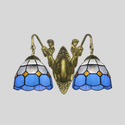 Blue Glass Antique Brass Sconce With 2 Dome Heads - Mediterranean Wall Light Fixture