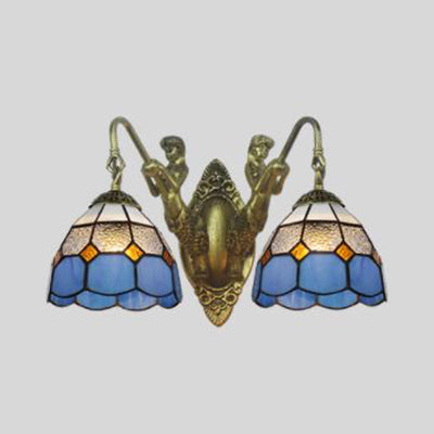 Blue Glass Antique Brass Sconce With 2 Dome Heads - Mediterranean Wall Light Fixture