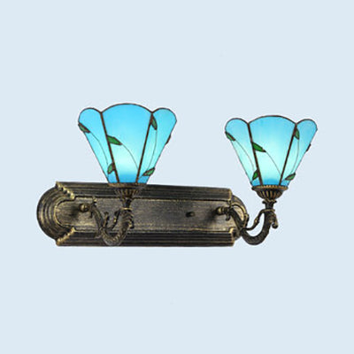 Stained Glass Leaf Wall Sconce Light With Cone Shade - Aged Brass Finish Ideal For Bedroom Blue