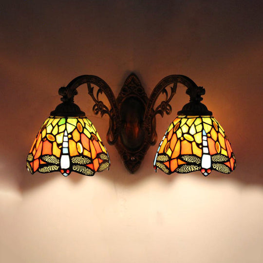 Dragonfly Stained Glass Sconce Lamp For Rustic Bedroom Wall - Double Light With Curved Arm Orange