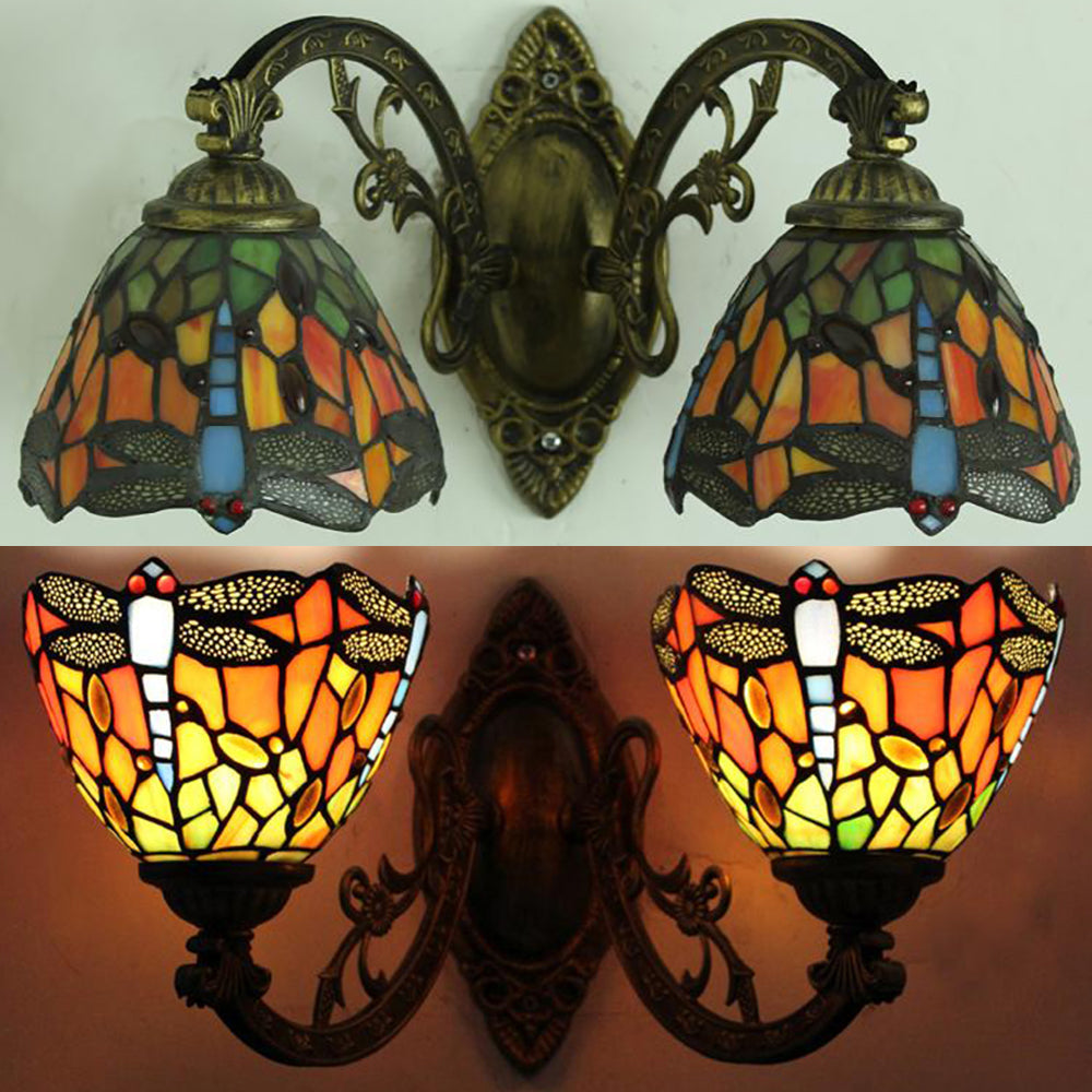 Dragonfly Stained Glass Sconce Lamp For Rustic Bedroom Wall - Double Light With Curved Arm