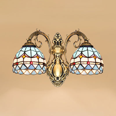 Blue Stained Glass Baroque Dome Wall Sconce With Curved Arm And 2 Lights