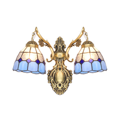 Tiffany Brass Wall Light With Stained Glass In Blue - 2 Headed Sconce For Corridor
