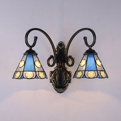 Tiffany Stained Glass Wall Sconce - Conical Blue 2-Headed Light For Living Room