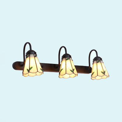 Lily Wall Mounted Tiffany Beige Glass Vanity Light - 3-Headed Black Fixture For Bathroom