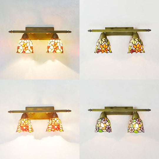 Rustic Dome Sconce Lighting With Stained Glass - 2 Lights Bathroom Vanity Light In Brass