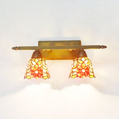 Rustic Dome Sconce Lighting With Stained Glass - 2 Lights Bathroom Vanity Light In Brass / Sunflower