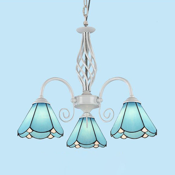 Traditional Blue Glass Cone Chandelier with 3 Lights for Dining Room