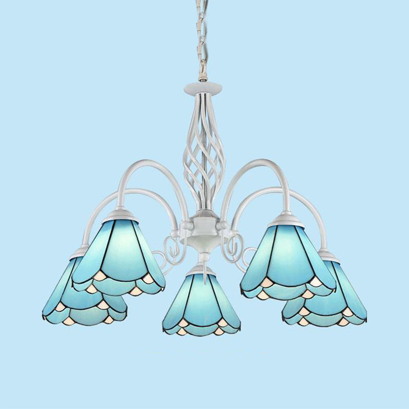 Vintage Blue Stained Glass Cone Chandelier with Chain and Gooseneck Design - 5 Lights