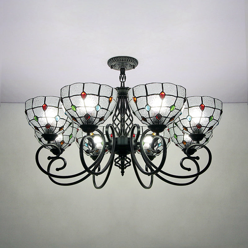 Tiffany Style Bowl Chandelier With Clear Glass Dimples - Multi Light Ceiling Hanging Fixture