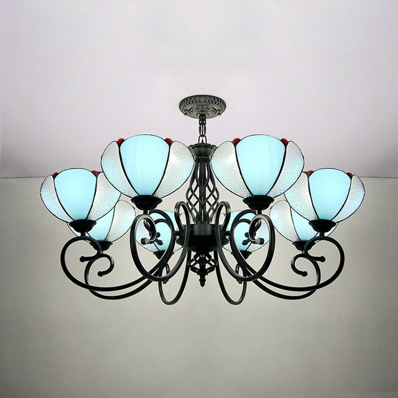 Rustic Petal Shape Chandelier - Light Blue and Clear Glass Shade - 8-Light Pendant Light for Hallway