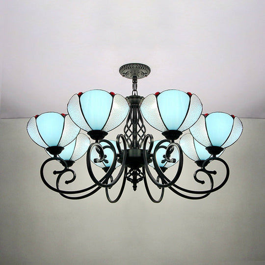Rustic Petal Chandelier Light With Blue And Clear Glass Shades - 8 Lights For Hallway
