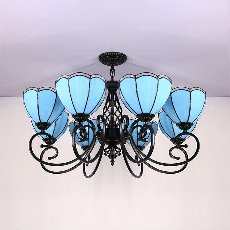 Loft Style Stained Glass Chandelier – Blue Scalloped Hanging Light with Curved Arm (8 Lights)