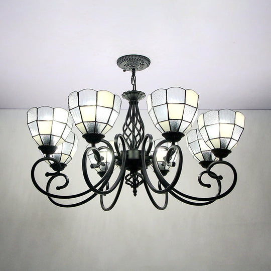 Modern 8-Light Bowl Chandelier with Black Tiffany Curved Arm - White Pendant Light for Hall