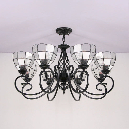 Tiffany 8-Light Bowl Hanging Chandelier With Curved Black Arm - White Indoor Pendant For Hall