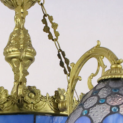 Blue Stained Glass Dome Pendant Light with Mediterranean Charm