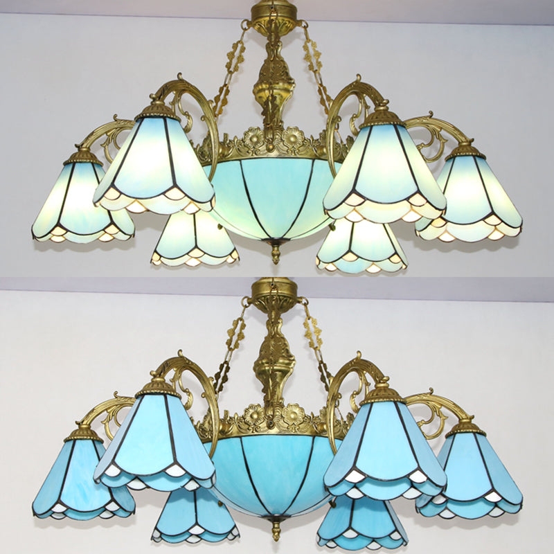 Vintage Conical Pendant Lighting With Blue Glass Shade For Traditional Living Rooms