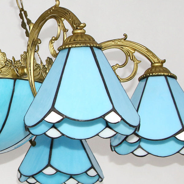 Vintage Conical Pendant Lighting with Blue Glass Shade for Traditional Living Room