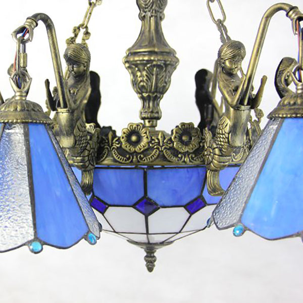 Blue Tiffany Stained Glass Pendant Chandelier - 9-Light Conical Hanging Light for Dining Room