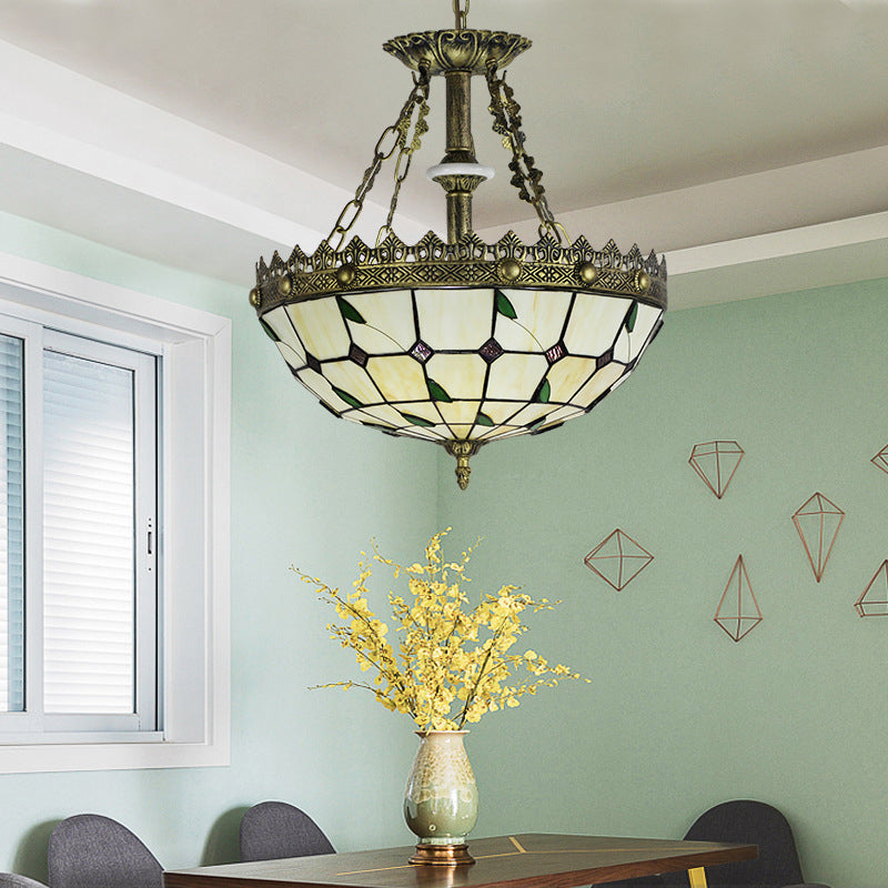 Stained Glass Bowl Pendant Light - Lodge Leaf Design, 3 Lights - Indoor Kitchen Lighting