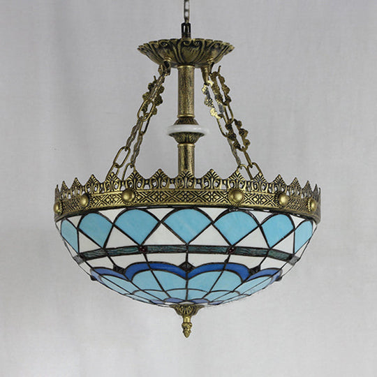 Blue Stained Glass Baroque Bowl Pendant Light - 3 Bulbs Indoor Hanging For Library