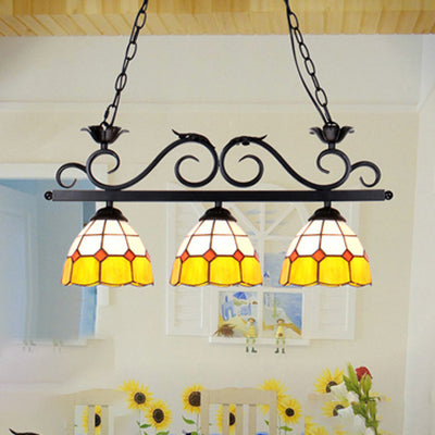 Stylish Yellow Dome Island Lighting: Tiffany-Inspired 3-Light Pendant For Dining Room