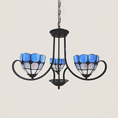 Baroque Bowl Hanging Ceiling Light - Blue Stained Glass Pendant Lighting for Foyer - 3 Lights