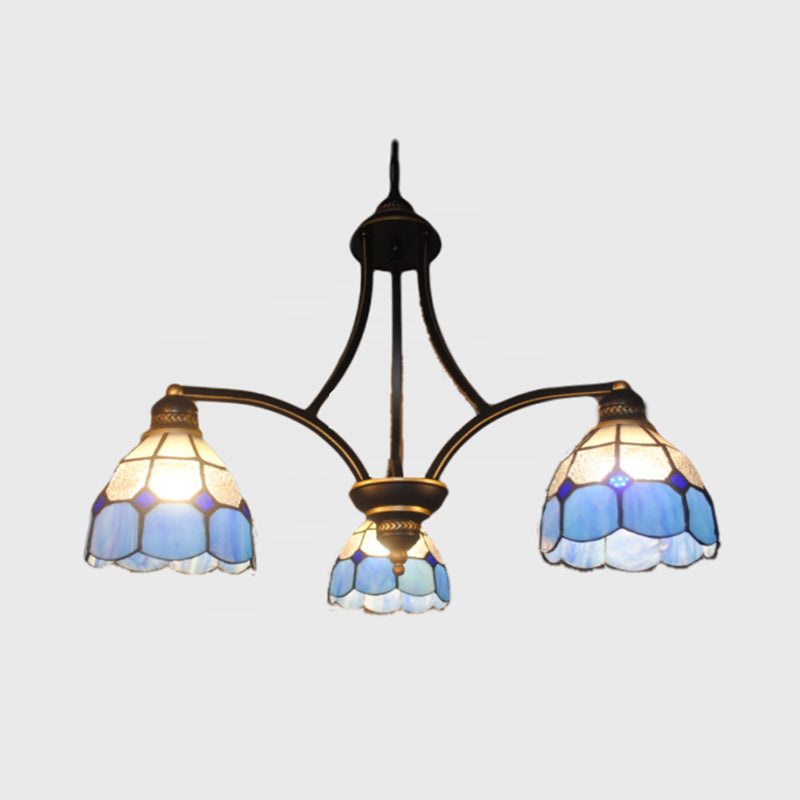 Blue Stained Glass Domed Chandelier Light - 3 Lights - Indoor Hanging Light for Dining Table